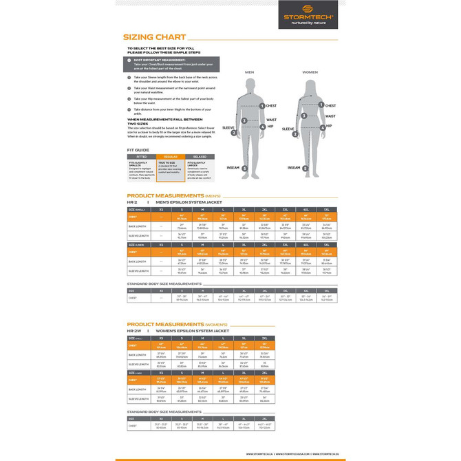 A sizing chart for the Men's Epsilon System Jacket, with measurements and fit guides for men and women.