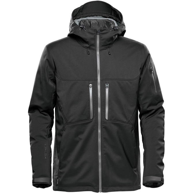 A men's jacket in black with a hood, featuring zippered pockets and a sleek design. It has a logo on the sleeve.