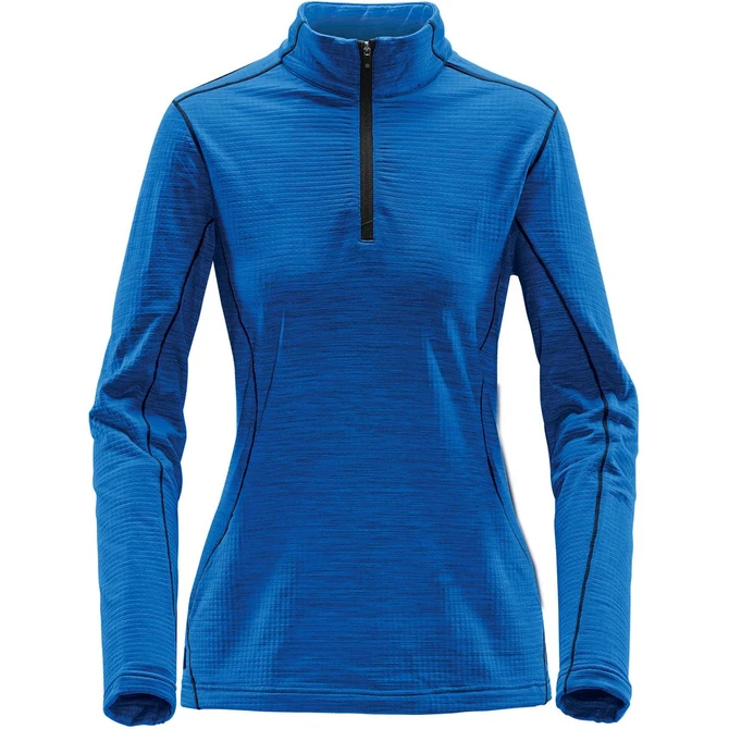 A women's base thermal 1/4 zip jumper in blue with long sleeves and a high collar. It has a branded logo.