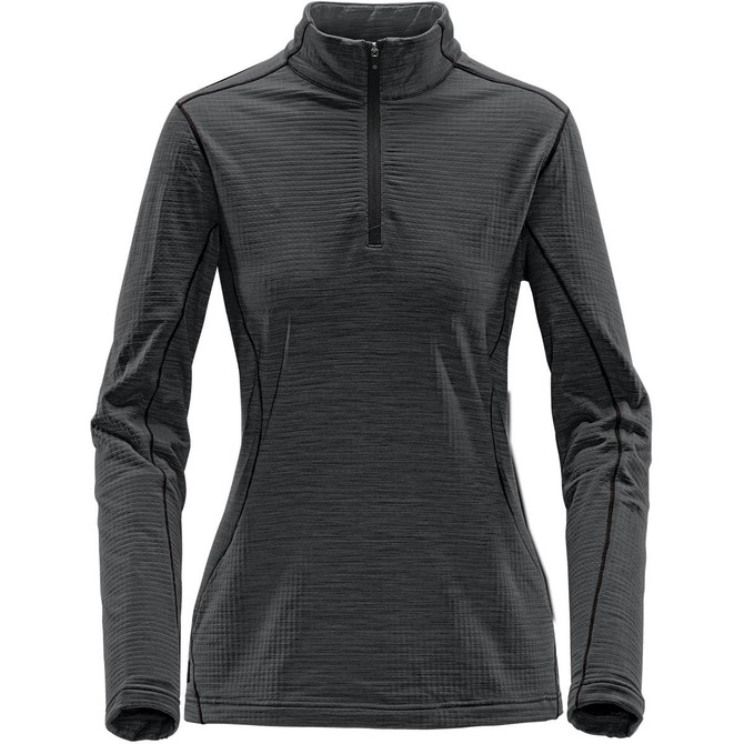 A dark grey women's base thermal 1/4 zip jumper featuring a streamlined design and a collar. It includes a branding element.