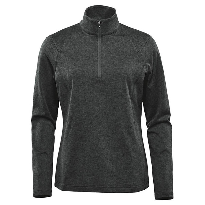 A women's dark grey 1/4 zip pullover featuring long sleeves and a high collar, with a logo on the front.