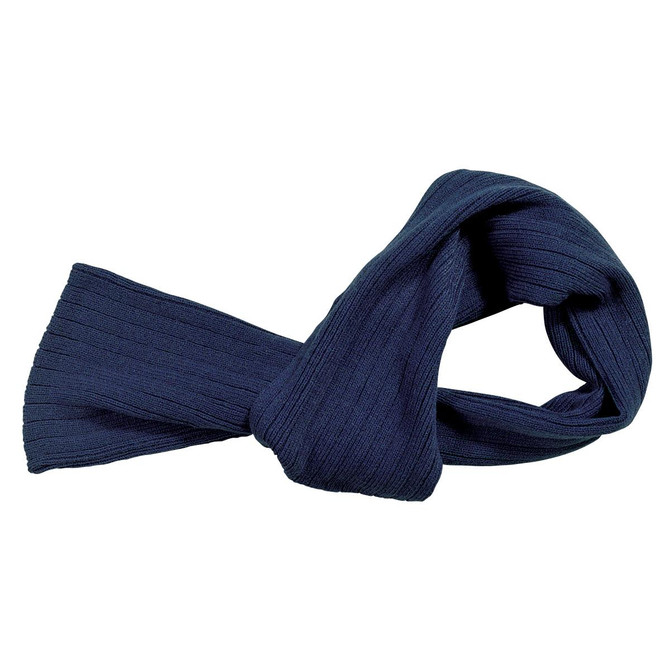 A navy cable knit scarf with a textured finish, featuring ribbed details and a looped design.