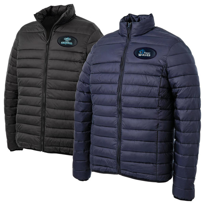 A black and navy puffer jacket featuring a logo on the front, designed for warmth and comfort.