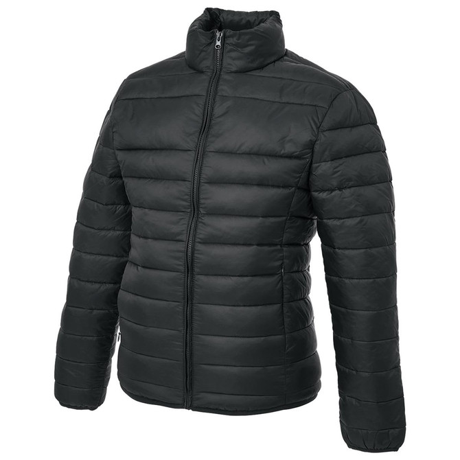 A dark green puffer jacket with a high collar and zippered front, featuring a logo on the sleeve.
