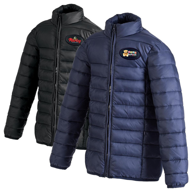 A puffer jacket featuring two colour options: black and navy blue, each with a logo on the chest.