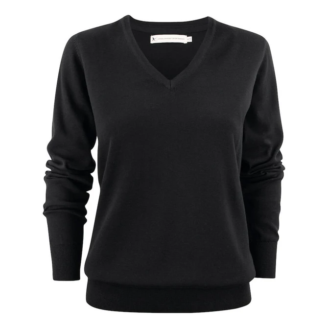 A black women's V-neck sweater with long sleeves and ribbed cuffs, featuring a small logo.