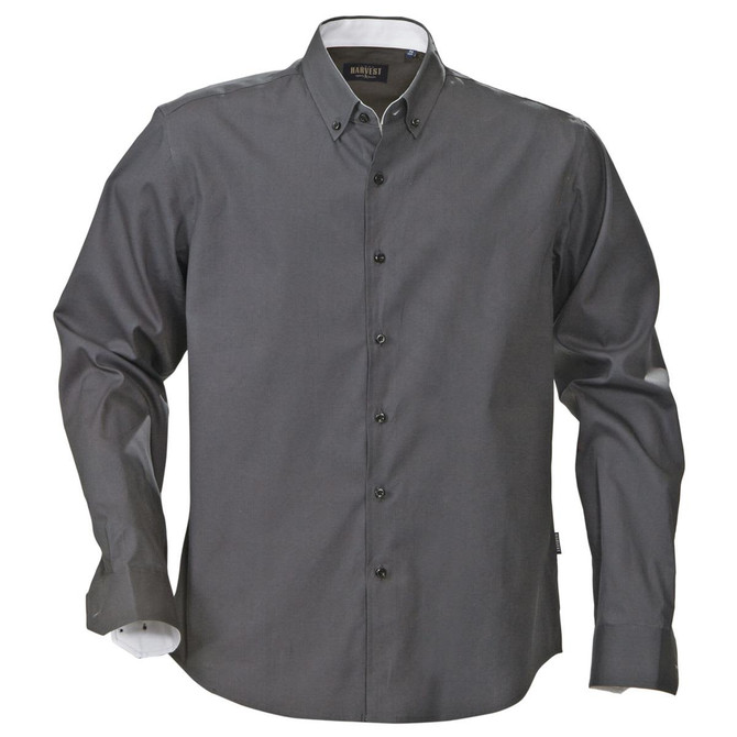 A grey button-up shirt with a collar and long sleeves, featuring a logo.