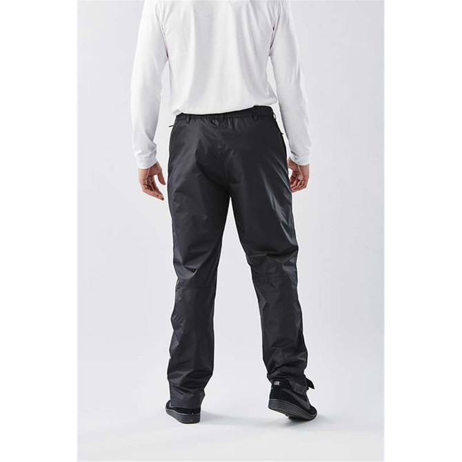 Men's black rain pants with an elastic waistband, featuring a logo. Designed for comfort and mobility.