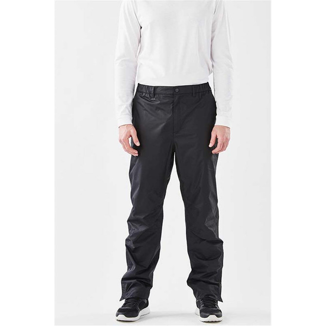 Men's Olympia Rain Pant in black, featuring a relaxed fit and waistband, with a logo on the side.