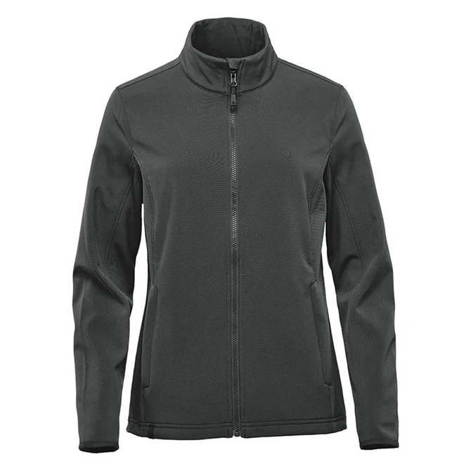 A dark green women's soft shell jacket with a full front zip and a high collar. It features a logo on the chest.