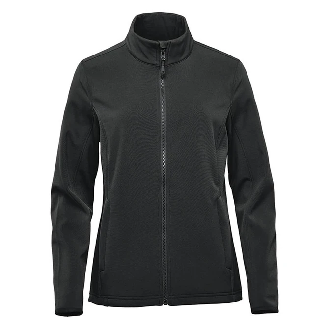 A women's soft shell jacket in dark green with a zip closure and high collar. It features a logo on the fabric.