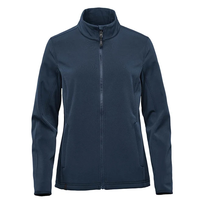 A navy softshell jacket with a full zip and high collar, featuring long sleeves and a logo on the chest.