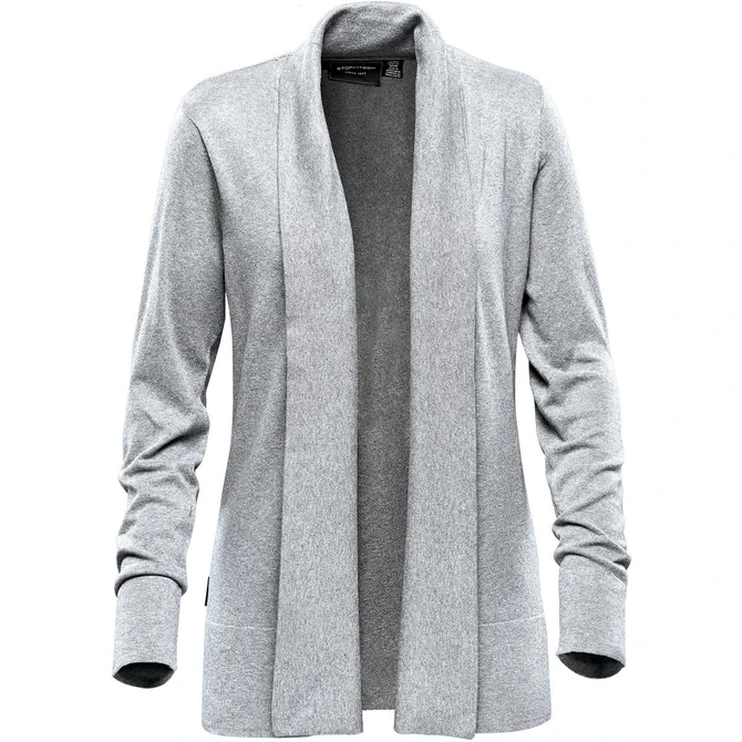 A grey women's Soho cardigan featuring an open front and long sleeves, with a logo on the inside.