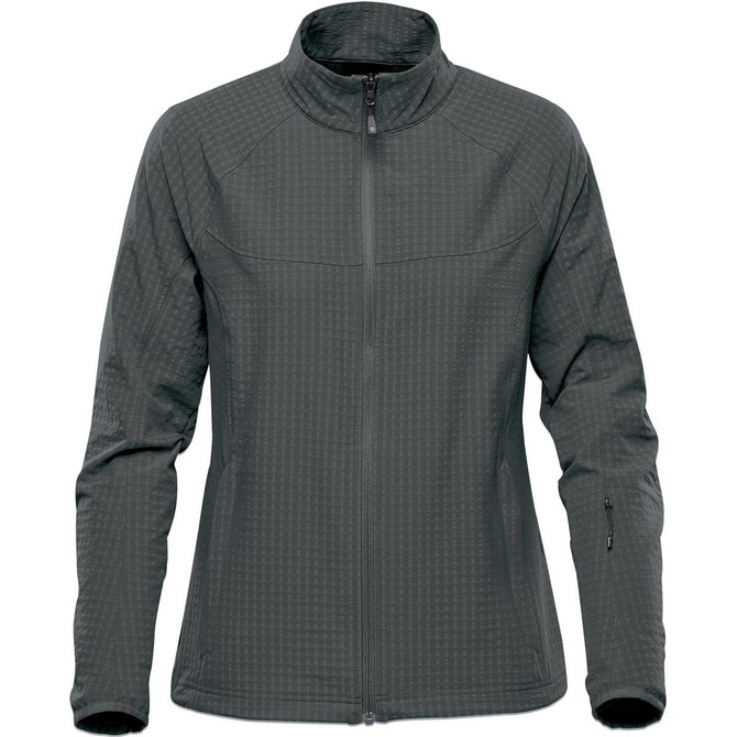 A women's jacket in dark grey with a zip front and a sleek, textured design. Features a branded logo.
