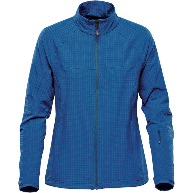 A blue women's jacket with a textured pattern, featuring a high neck and full zip closure. It has a branding logo.