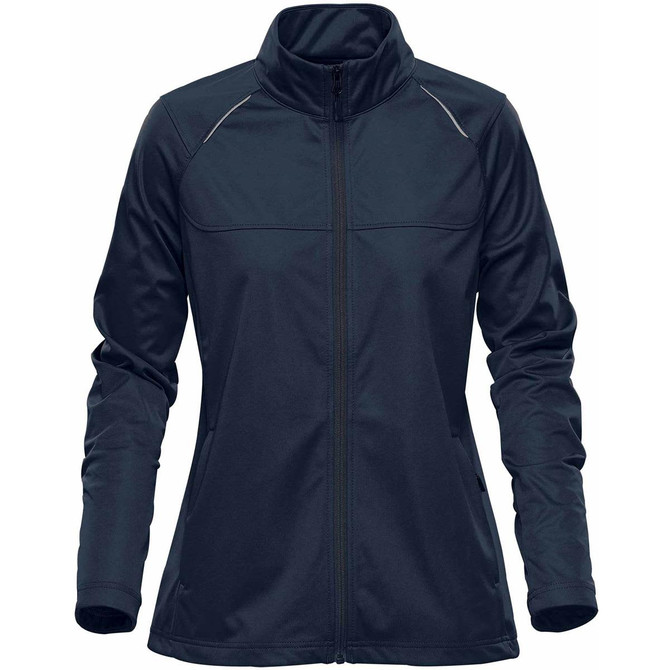 A women's lightweight softshell jacket in navy blue with a zip front, featuring a stand-up collar and a sleek design.