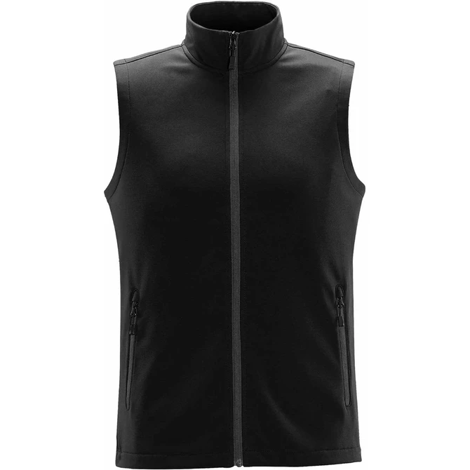 A black softshell vest with a high collar and zippered pockets, featuring a branded logo.