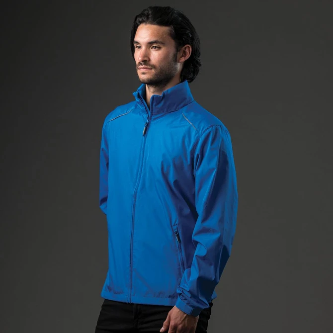 A blue rain jacket for men with a zippered front and stand-up collar, featuring a logo.