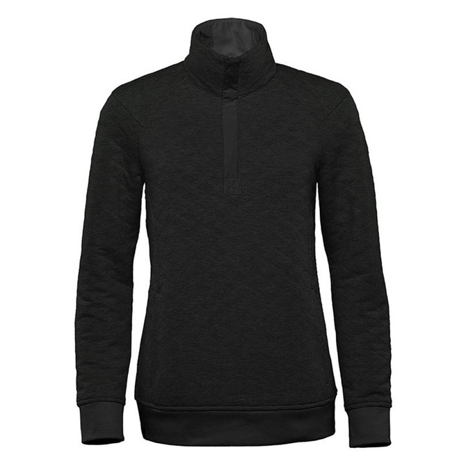 A black women's pullover featuring a 1/4 zip and a high collar. It has a textured fabric and a brand logo.