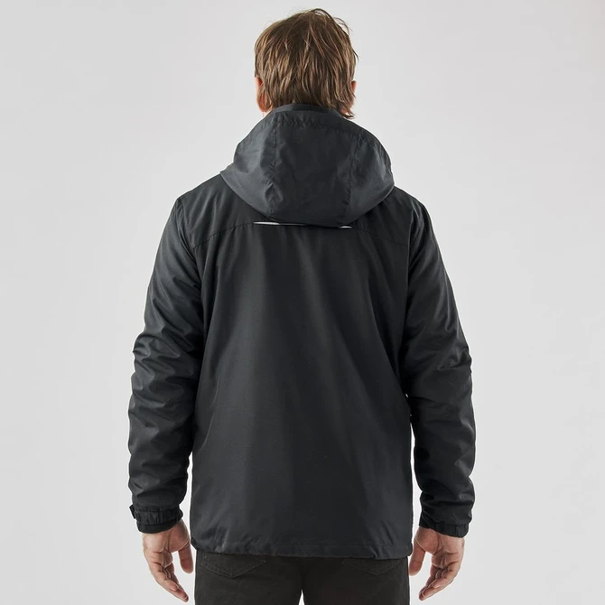 A black men's jacket with a hood, featuring a simple design and a logo on the back.