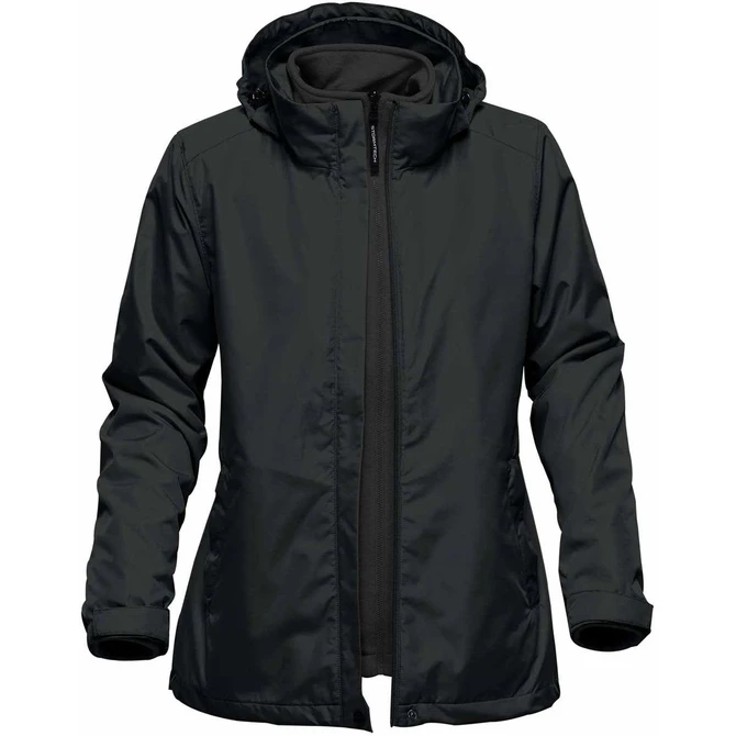 A women's black 3 in 1 jacket with a hood, featuring a zip closure and a logo on the sleeve.