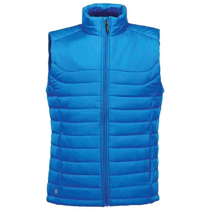 A bright blue quilted vest with a high collar and front zip, featuring a logo on the lower side.