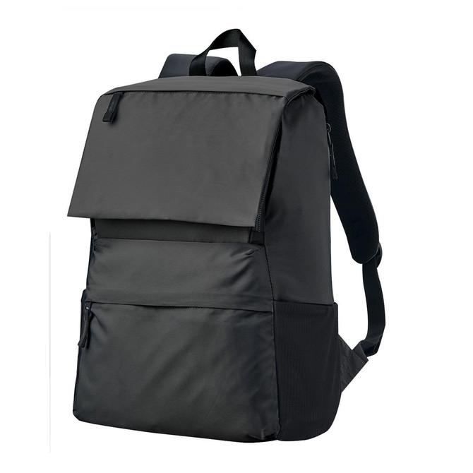 A black laptop backpack featuring a flap, adjustable straps, and a side pocket. It has a branded logo.