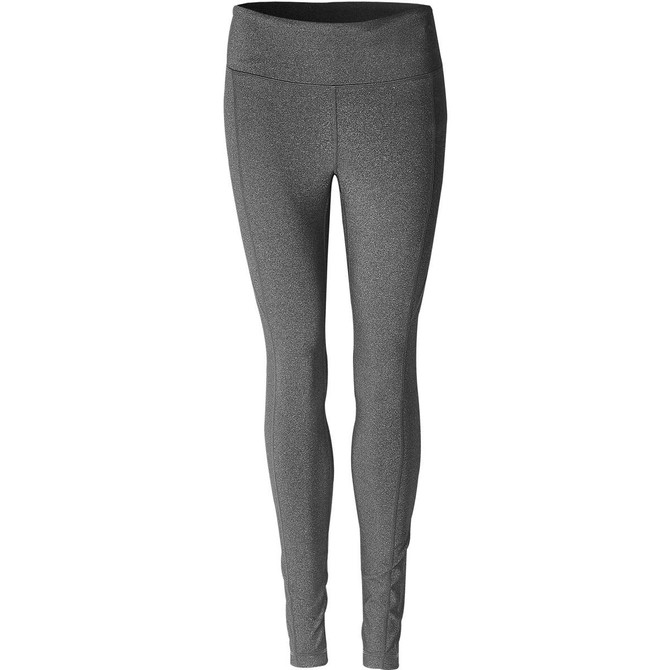 A pair of women's leggings in a dark grey tone with a high waistband. Features a logo on the leg.