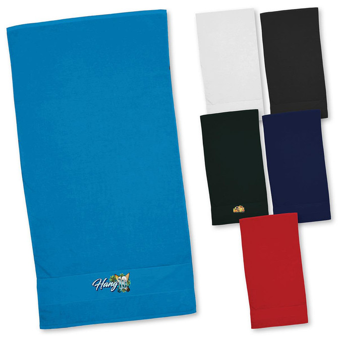 A collection of Terry Velour Towels in various colours: blue, white, black, green, navy, and red, featuring a logo.