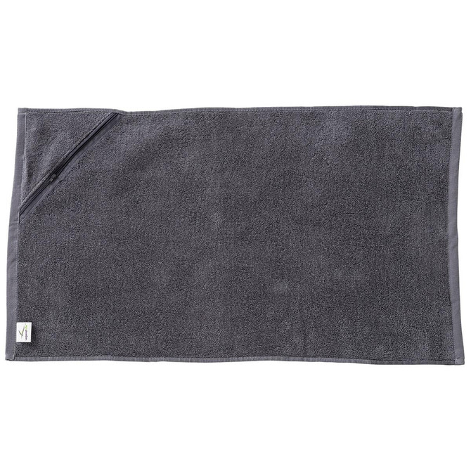 A dark grey gym towel with a pocket, made of soft material, featuring a small logo on one corner.