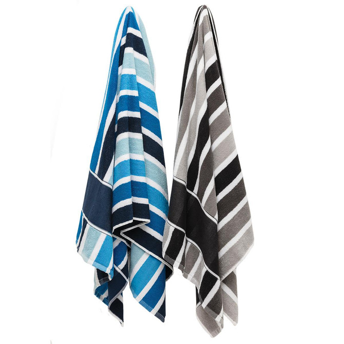 Two striped cabana towels hanging, one in shades of blue and the other in grey and black. Both feature a logo.