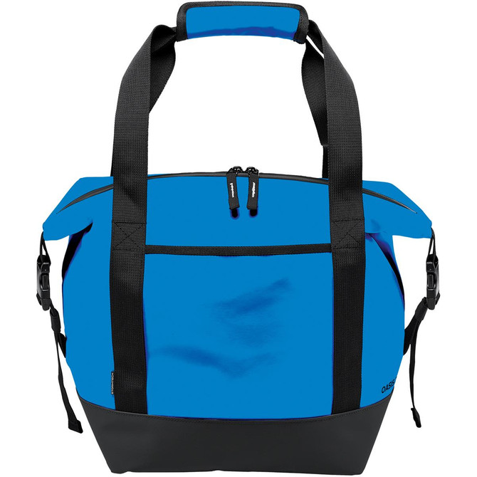 A blue cooler bag with black straps and a solid base, featuring zippers and a logo.