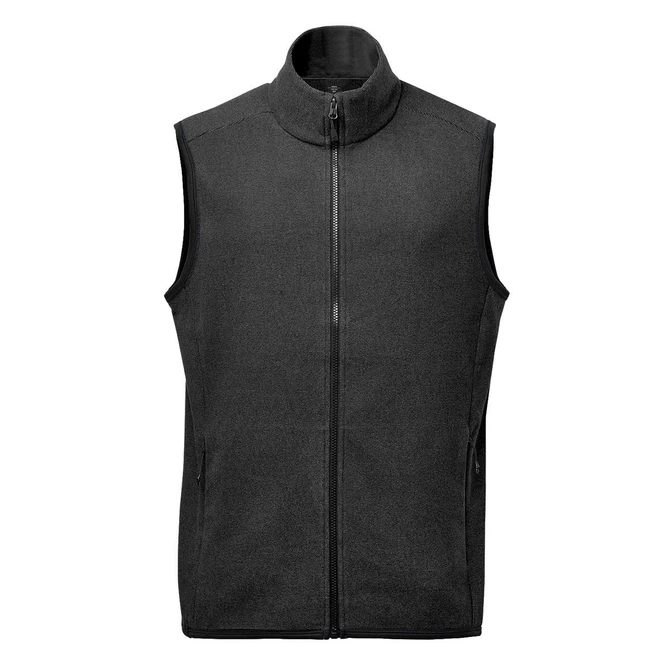 A black men's vest with a high collar and zip closure, featuring two side pockets and a plain design.