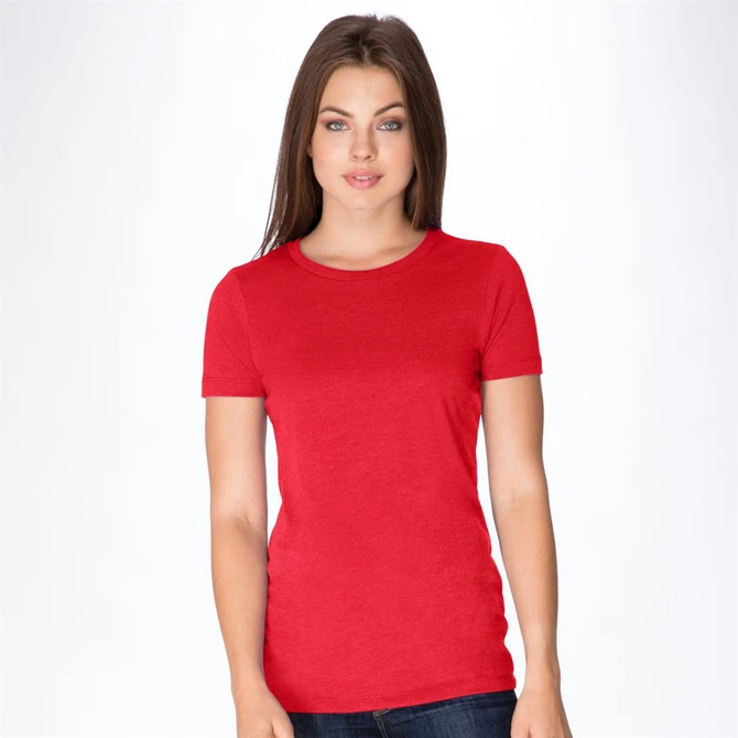 A red women's crew t-shirt displayed on a model against a plain background, featuring a logo.