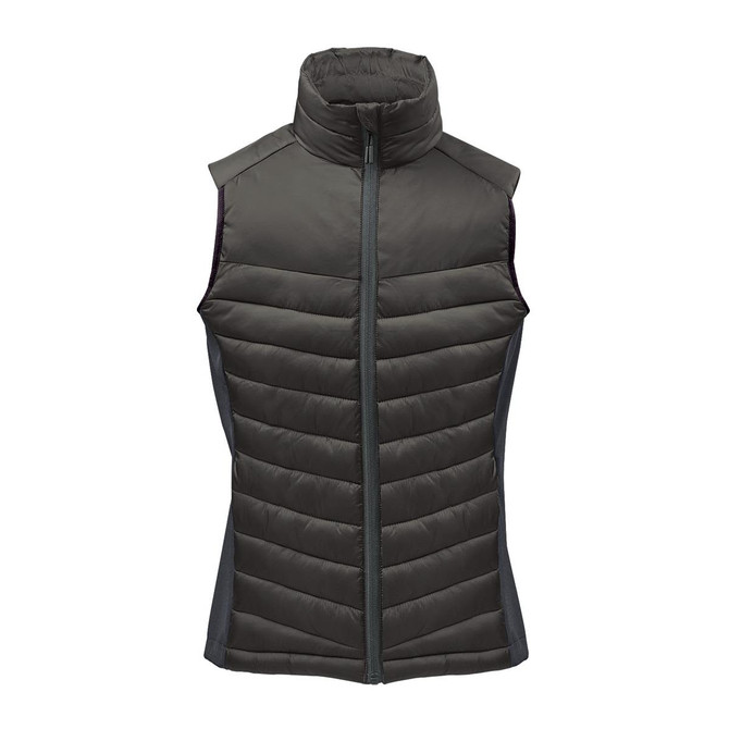 A women's thermal vest in dark green with a high collar and padded design, featuring side panels and a logo.