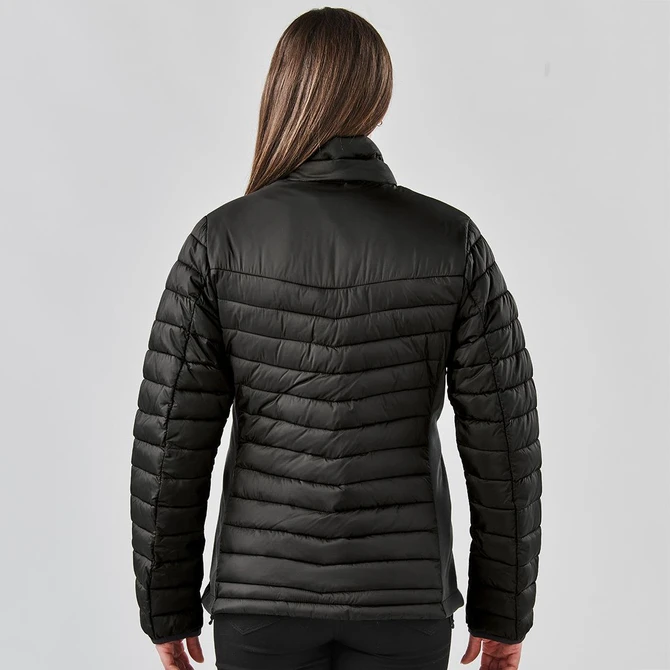 A black women's Montserrat thermal jacket featuring a quilted design and a collar, viewed from the back.