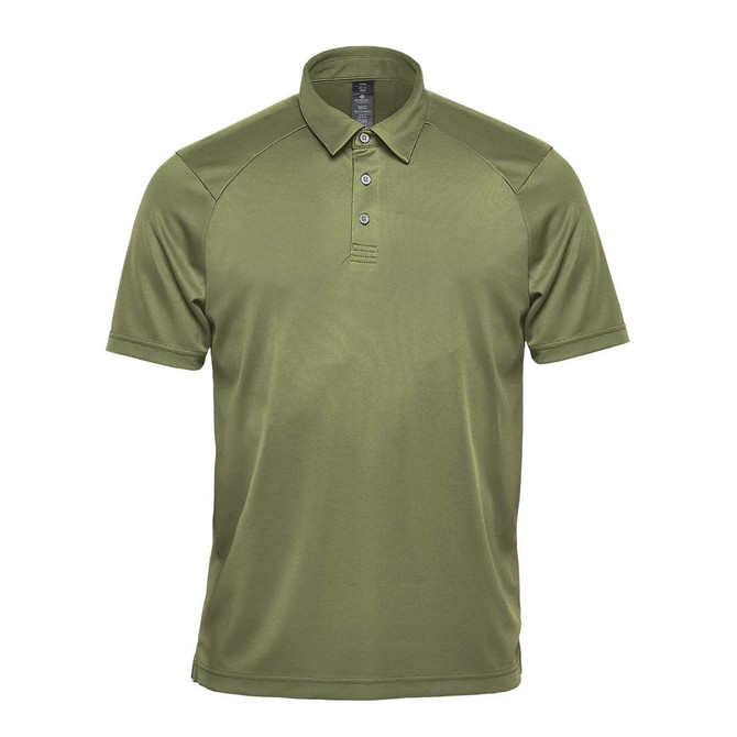 A green men's polo shirt with a collar, buttons, and a subtle logo on the chest.