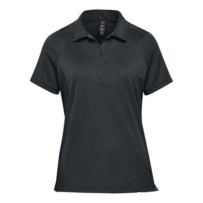 A dark green women's polo shirt featuring a collar and short sleeves, with a logo on the chest area.