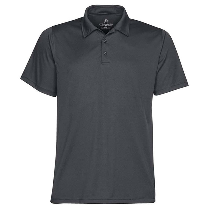 A dark grey men's polo shirt with a classic collar and three-button placket. It features a branding logo.