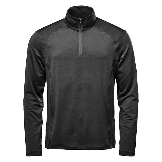 A black men's long sleeve shirt with a 1/4 zip collar and an unobtrusive logo.