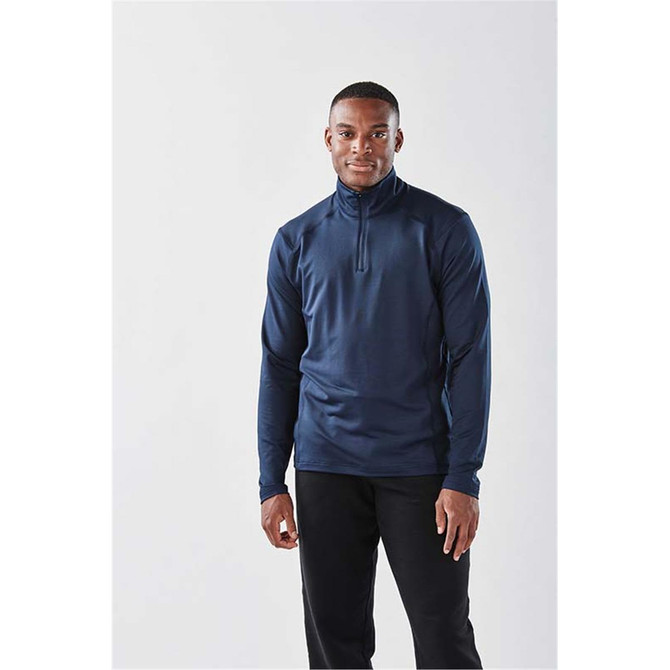 A navy blue men's long sleeve 1/4 zip shirt featuring a stand-up collar and a fitted design.