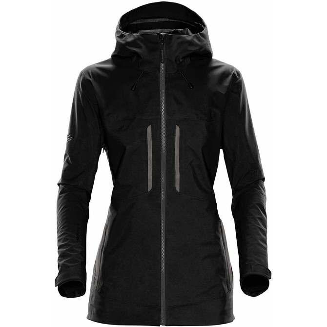 A black women's rain jacket with a hood, featuring zip pockets and a sleek design. It has a logo on the sleeve.