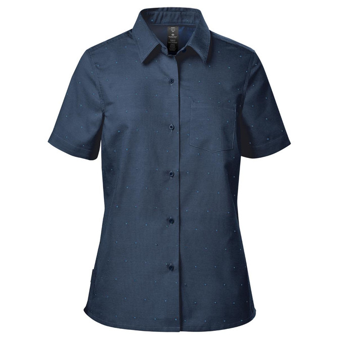 A navy blue women's button-up shirt with short sleeves and a pocket, featuring a subtle dotted pattern.