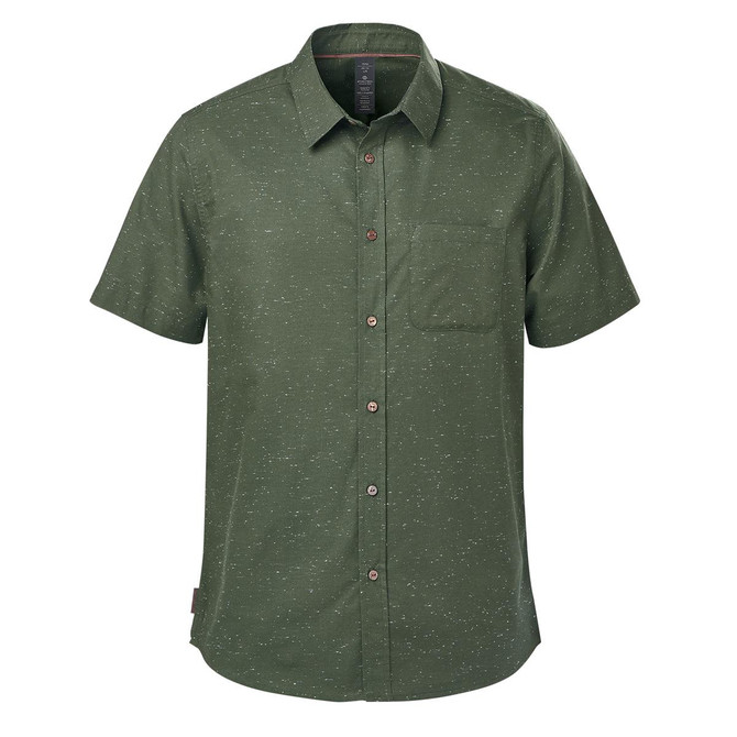 A short-sleeved, olive green button-up shirt with a chest pocket and a logo.