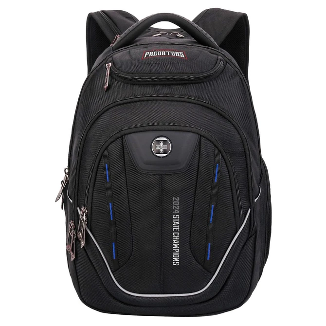A black backpack with multiple compartments and zippers, featuring a branding logo and blue detailing.