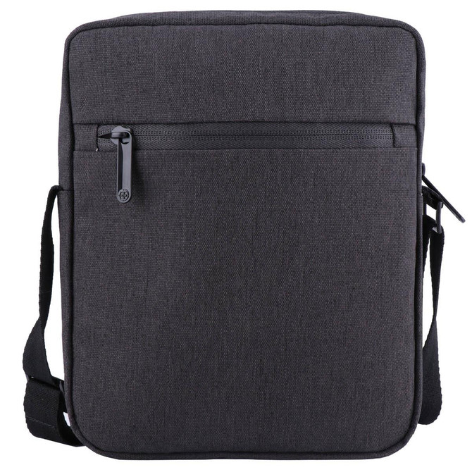 A black shoulder bag with a zippered front pocket and an adjustable strap. It has a logo on the front.