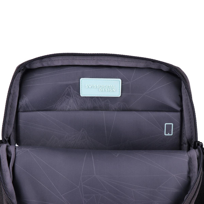 A laptop bag in black with a geometric pattern and an interior pocket, featuring a logo.