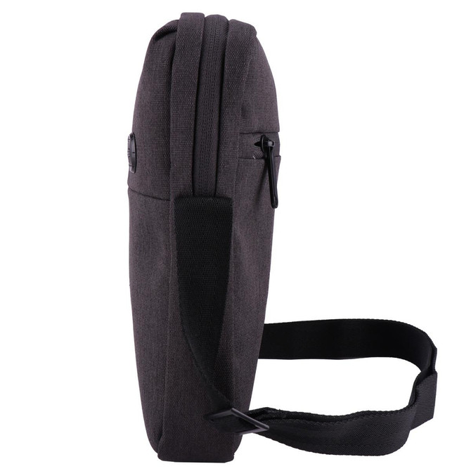 A dark grey shoulder bag with a shoulder strap and a side zipper, featuring a logo. Ideal for laptops and accessories.