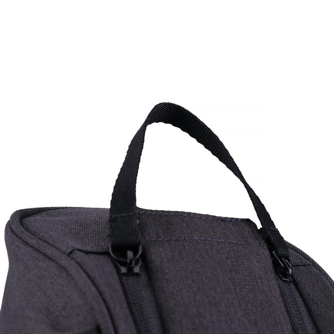 A grey toiletry bag with a black handle, featuring a zipped opening and a logo.