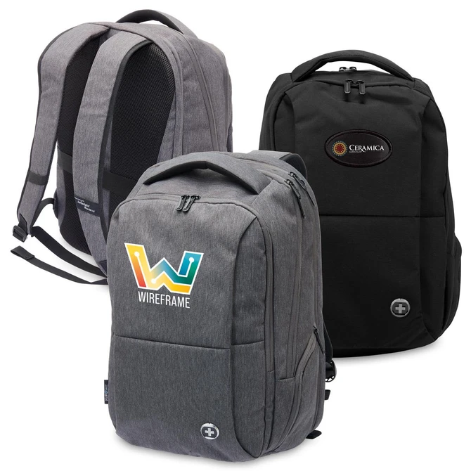Three backpacks in various styles: one grey with a colourful logo, a plain black, and another grey with a logo.